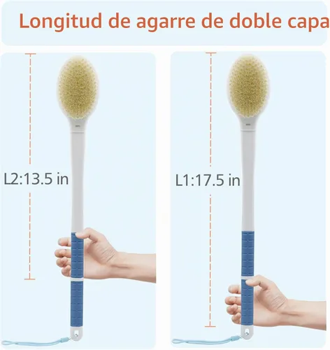 Vista 5 de Cepillo de ducha con cerdas suaves y rígidas, mango largo de 18.5" de doble cara, cepillo de baño para la espalda, exfoliador corporal para Azul