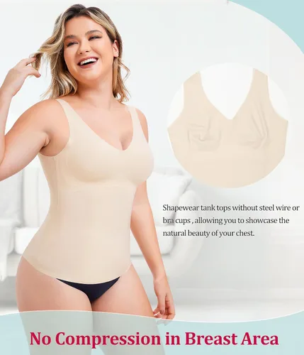 Vista 4 de LODAY Shapewear - Camiseta sin mangas con control de abdomen para mujer, camiseta de compresión con cuello en V, camiseta para adelgazar el cuerpo