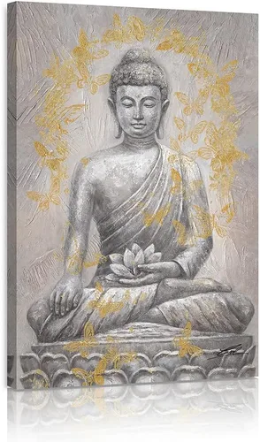 Vista 2 de Yidepot Lienzo decorativo de Buda para pared, lámina dorada: estatua zen con textura de flor de loto para budismo, decoración de pared, carteles