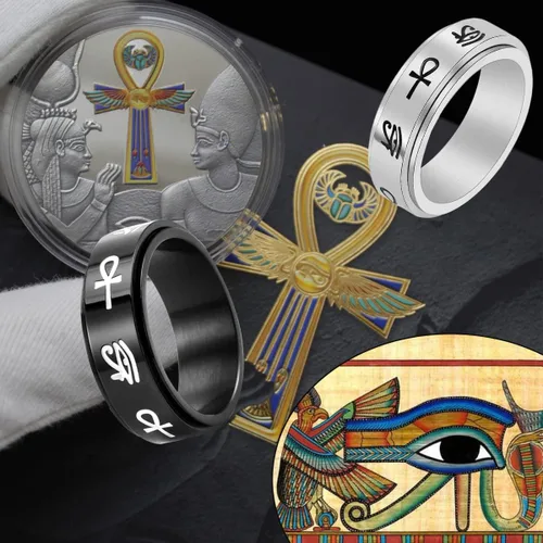 Vista 2 de CHEODIN Ojo de Horus anillo giratorio de acero inoxidable para ansiedad, Ankh, anillo de compromiso para mujeres y hombres, anillo de compromiso