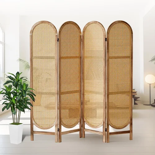 Vista 8 de Divisor de habitación de 4 paneles, divisor de habitación plegable de madera con doble bisagra, pantalla de privacidad individual hecha de ratán