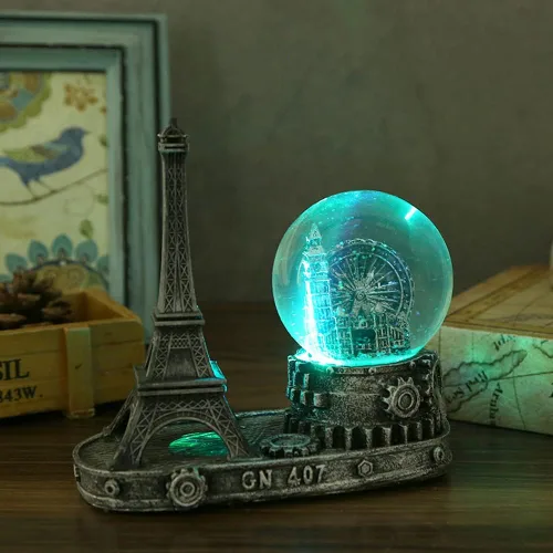 Vista 3 de Rueda de la fortuna antigua, coleccionable de globos de nieve, estatua de la torre Eiffel de París Francia, centro de mesa, decoración de escritorio