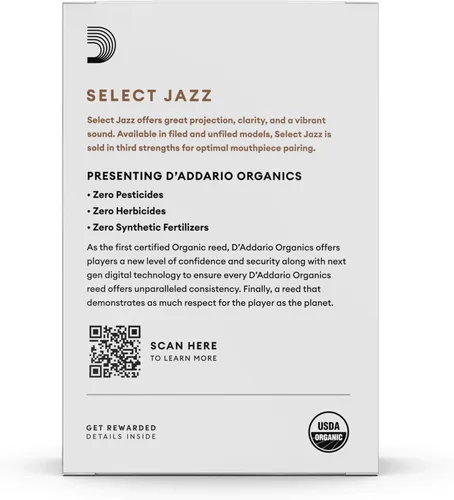 Vista 2 de D'Addario Organic Select Jazz Unfiled - Cañas de saxofón soprano – Cañas de saxofón – Selladas individualmente – 3 medianas, paquete de 10
