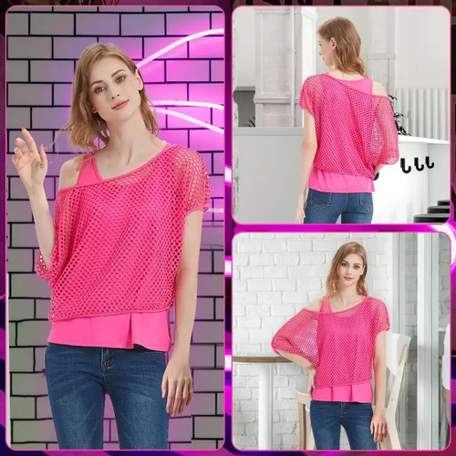 Vista 4 de WILDPARTY Camiseta casual sexy con hombros descubiertos para mujer, traje de los años 80 y 90, disfraz de los años 80, camisa de neón de red, camisa