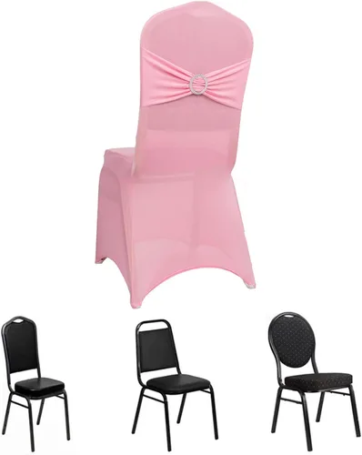 Vista 51 de Efavormart - Funda para silla de banquete de elastano beige con banda de hebilla de diamantes de imitación plateados, funda elástica para silla