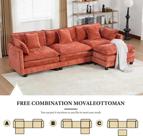 Vista 314 de Sofá seccional modular verde de 111.5", sofás seccionales grandes de 3 plazas para sala de estar, sofá nube oversized de tela chenille con otomana