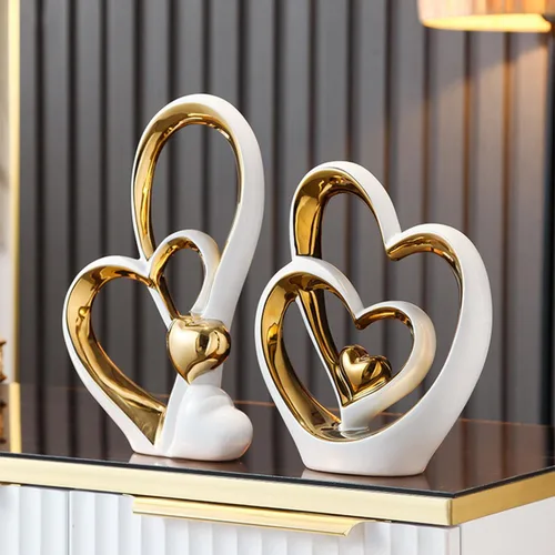 Vista 4 de APLUSH Decoración de estatua de doble corazón de porcelana, escultura de artista moderna, decoración del hogar para sala de estar, gabinete de vino