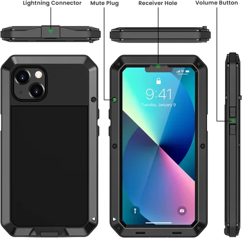Vista 5 de Lanhiem Funda de metal para iPhone 13, resistente a los golpes, con protector de pantalla de vidrio integrado, funda protectora de cuerpo completo