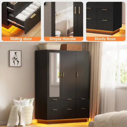Vista 8 de PAKASEPT Armario Armario con 3 puertas, espejo, luces LED Negro