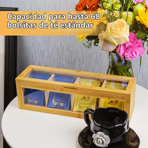Vista 4 de Organizador de bolsas de té, soporte para bolsas de té de bambú, con tapa magnética y ventana, 4 compartimentos para almacenamiento de bolsas de té