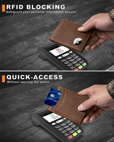 Vista 5 de Billetera AirTag para hombre, de piel auténtica plegable con bloqueo Rfid AirTag con ranuras para efectivo y ventana de identificación, compatible