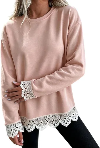 Vista 12 de Fall Sweatshirts for Women Crewneck Scalloped Lace Trim Cute Pullover Tops Lightweight Long Sleeve Polka Dot Sweatshirt,Oversized Leopard Print A