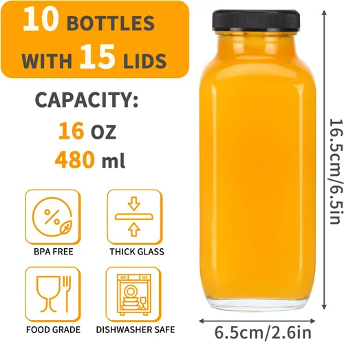 Vista 2 de CUCUMI 10 botellas de jugo de vidrio de 16 onzas con tapas, recipientes de jugo reutilizables, tarros de agua con cepillo, popotes de vidrio, tapas
