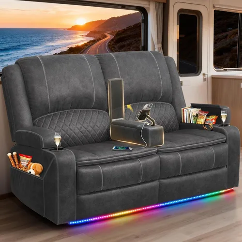Vista 46 de Sofá reclinable de 3 plazas, sofá reclinable con consola elevable (tela, azul) Reclining Sofa with USB Removable Armrest, RV Sofa with Cup Holder