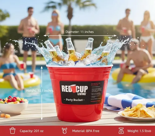Vista 3 de Red Cup Living Cubo de hielo grande para fiestas, enfriador de bebidas aislado de 201 onzas para fiestas, bar y cocina, cerveza de plástico