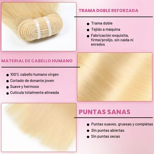 Vista 3 de 613 paquetes de cabello humano lacio, 3 paquetes, 18/20/22 pulgadas 613 Rubio