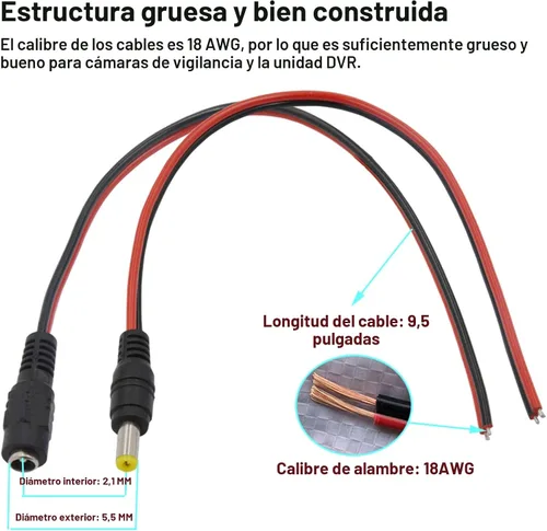 Vista 5 de (Real 18AWG) 10 pares de 12 V 5 A CC Cable de Conector de Conector de Barril Pigtail de 0.083 in x 0.217 in Macho Hembra DC Pigtail Conectores