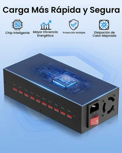 Vista 6 de Estación de carga USB-C de 200W, bloque de cargador USB de 20 puertos (10 USB A y 10 USB-C), estación de carga rápida para múltiples dispositivos