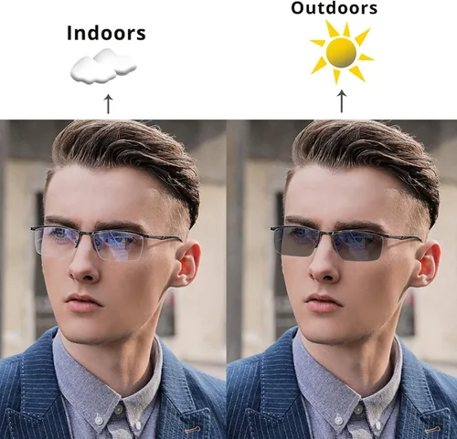 Vista 4 de Gafas de lectura fotocromáticas, gafas de lectura de tendencia, para hombres y mujeres, medio marco, para negocios, oficina, hombres