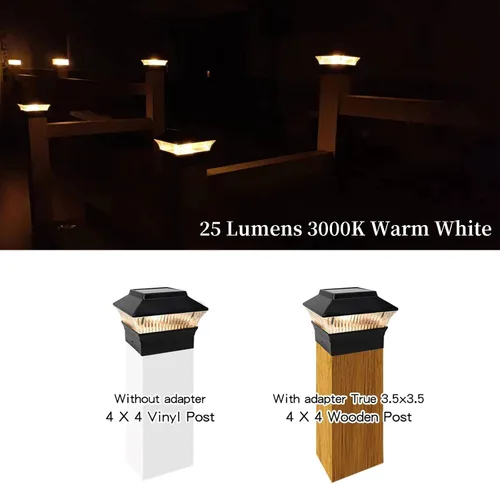 Vista 3 de Luces solares para tapa de poste (paquete de 2) – LED blanco cálido de 25 lúmenes, se adapta a 3.5 x 3.5 pulgadas y 4 x 4 pulgadas de madera/vinilo