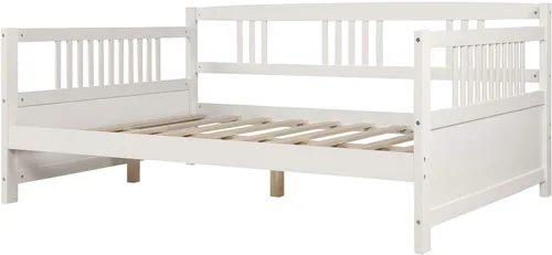 Vista 5 de Sofá cama de madera maciza de tamaño matrimonial, marco multifuncional para dormitorio/sala de estar, con soporte de tablas/espacio de Blanco Clásico
