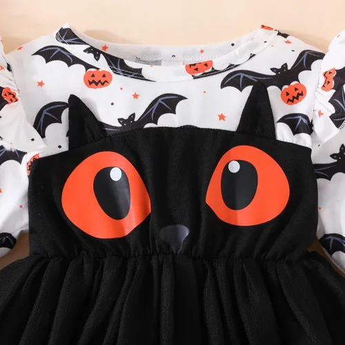 Vista 4 de Ovmxqso Disfraz de gato negro para niña pequeña, vestido de calabaza de manga larga, vestido de fiesta de tul de malla