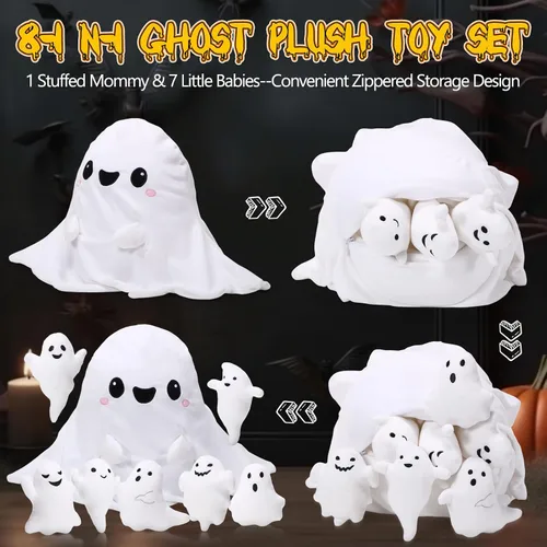Vista 4 de Liliful Juego de juguetes de peluche fantasma de 16 pulgadas, almohada de peluche fantasma para mamá con 7 lindos bebés de felpa suaves