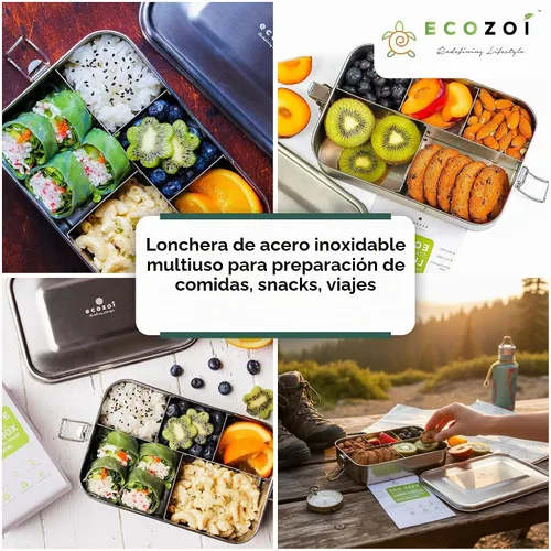 Vista 9 de ecozoi - Lonchera Bento de acero inoxidable con 5 compartimentos para adultos y niños, recipiente de metal a prueba de fugas de 50 onzas con taza