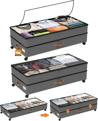 Vista 11 de Almacenamiento Debajo de la Cama con Ruedas Paquete de 4, 75L XXL Contenedores de Almacenamiento Debajo de la Cama Grandes, 30 cm de Alto