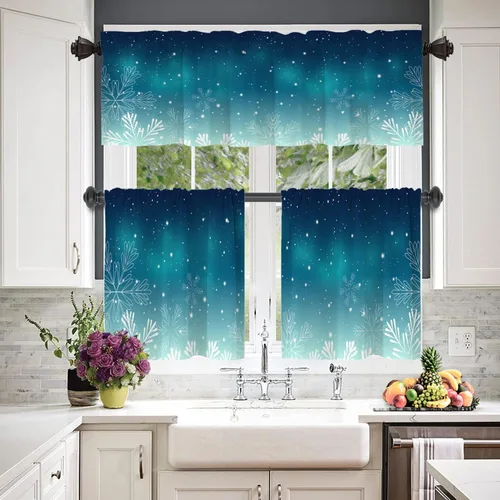 Vista 2 de Cenefas de cocina de copos de nieve de invierno para ventanas, cenefas opacas de copos de nieve de Navidad azul turquesa, cortinas de poliéster
