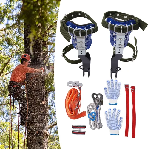 Vista 4 de Juego de picos de escalada de árboles, estacas ajustables de acero inoxidable para escalada de árboles con cinturón de arnés y correa trasera