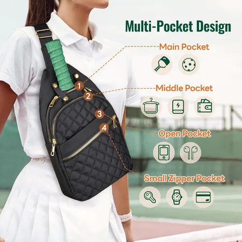 Vista 4 de NiHome Bolsa de pickleball para 2 paletas, mochila cruzada de pickleball para mujeres y hombres, correa ajustable, color negro, Negro (actualizado)