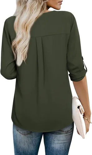 Vista 3 de Youtalia Blusas para mujer, elegantes, informales, de negocios, manga 3/4, de gasa, cuello en V, camisas de trabajo y oficina