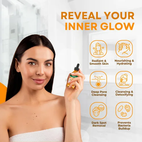 Vista 4 de Aceite de cúrcuma – Suero facial para rostro y cuerpo – Suero natural iluminador de la piel y tratamiento de hiperpigmentación – Suero de brillo