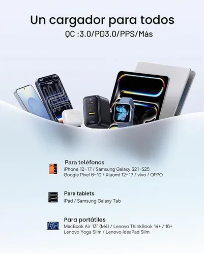 Vista 8 de Baseus Enerfill - Cargador USB C de 70 W, bloque de carga rápida de 3 puertos con enchufe plegable, cargador de ladrillo de pared GaN tipo C