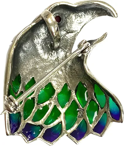 Vista 2 de Art Nouveau Style Plique a Jour Enamel Eagle Bird Pin Brooch with Ruby Eye and Marcasite Stone 925 Sterling Silver