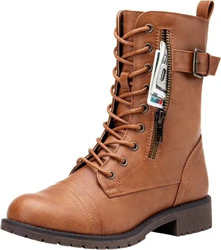 Vista 10 de Vepose Botas de combate para mujer, tacón bajo, botas militares a media pantorrilla con bolsillo para tarjetero, cuchillo y cartera