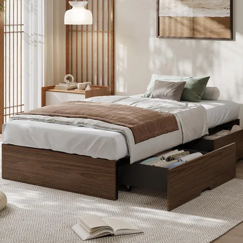 Vista 10 de GarveeHome - Marco de cama con plataforma de madera, marco de cama individual sin cabecero Marco de cama de suelo, diseño de perfil bajo, soporte
