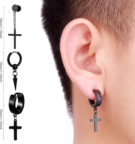 Vista 2 de Juego de 12 pares de aretes de acero inoxidable negros para hombre, aretes de aro punk, aretes negros para mujer, juego de aretes colgantes AMind4U