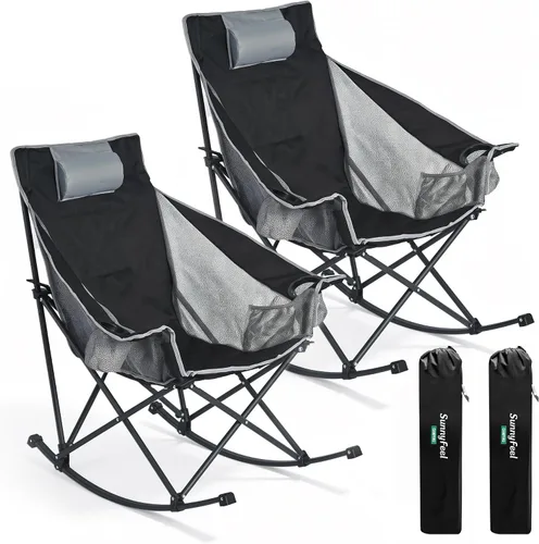 Vista 21 de SUNNYFEEL Silla de Camping con Balanceo, Silla Reclinable de Lujo Acolchada, Silla de Césped Plegable Extragrande con Bolsillo, Silla Resistente