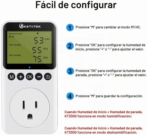 Vista 5 de KETOTEK Enchufe de salida digital de controlador de humedad con sonda de sensor, enchufe controlador de humidistato de 120 V para invernadero
