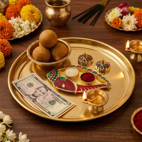 Vista 5 de LOVENSPIRE Ganesh Shankh Haldi Kumkum Holder Roli Chawal/soporte de arroz Festival indio Rakhi Pooja Thali Pooja Regreso Regalo de inauguración