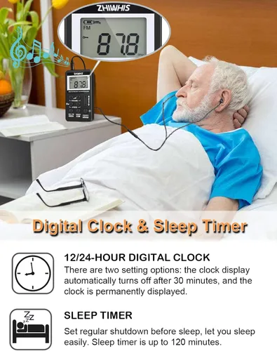 Vista 6 de ZHIWHIS Radio portátil, receptor AM FM con temporizador de sueño, radios estéreo recargables con reloj digital, sintonizador DSP con función