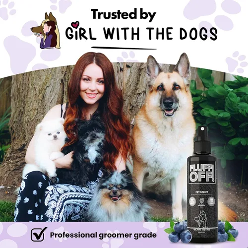 Vista 2 de Girl With The Dogs FLUFF OFF - Aroma para mascotas (Blueberry Bubblegum) 8 onzas, para gatos y perros, fabricado en Estados Unidos
