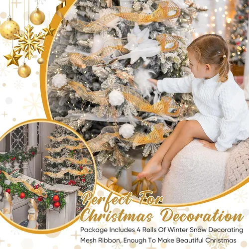 Vista 4 de Funtery 4 Rollos de 40 Yardas de Cinta de Malla Decorativa de Navidad, Cinta de Malla Decorativa con Tallo de Chenilla y Abrazaderas de Plástico