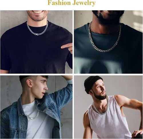 Vista 5 de Collar de cadena de eslabones cubanos para hombre, cadena de acero inoxidable plateado de 0.315 pulgadas, hip hop, granduación, cumpleaños, Navidad