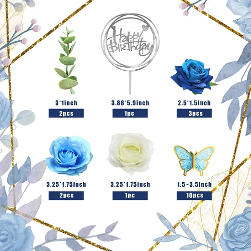 Vista 2 de 19 piezas de decoración de mariposa para pasteles, decoración de feliz cumpleaños con rosas artificiales azules, mariposas de eucalipto, suministros