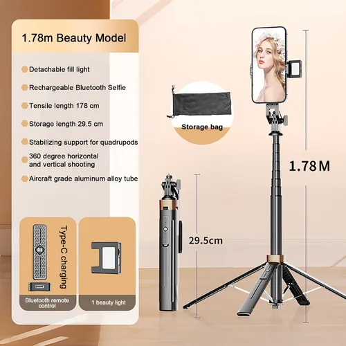 Vista 2 de XINBAOHONG Palo selfie, trípode extensible con control remoto Bluetooth para iPhone y Android, tamaño compacto y ligero
