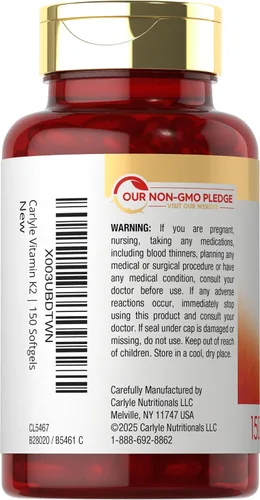 Vista 3 de Carlyle Vitamina K2 MK7 100 mcg 150 cápsulas blandas Bioactive Trans-Form MK7 Suplemento sin OMG y sin gluten