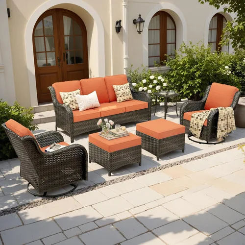 Vista 12 de Juego de muebles de exterior para patio, silla y sofá (ratán marrón, beige, 3 piezas)